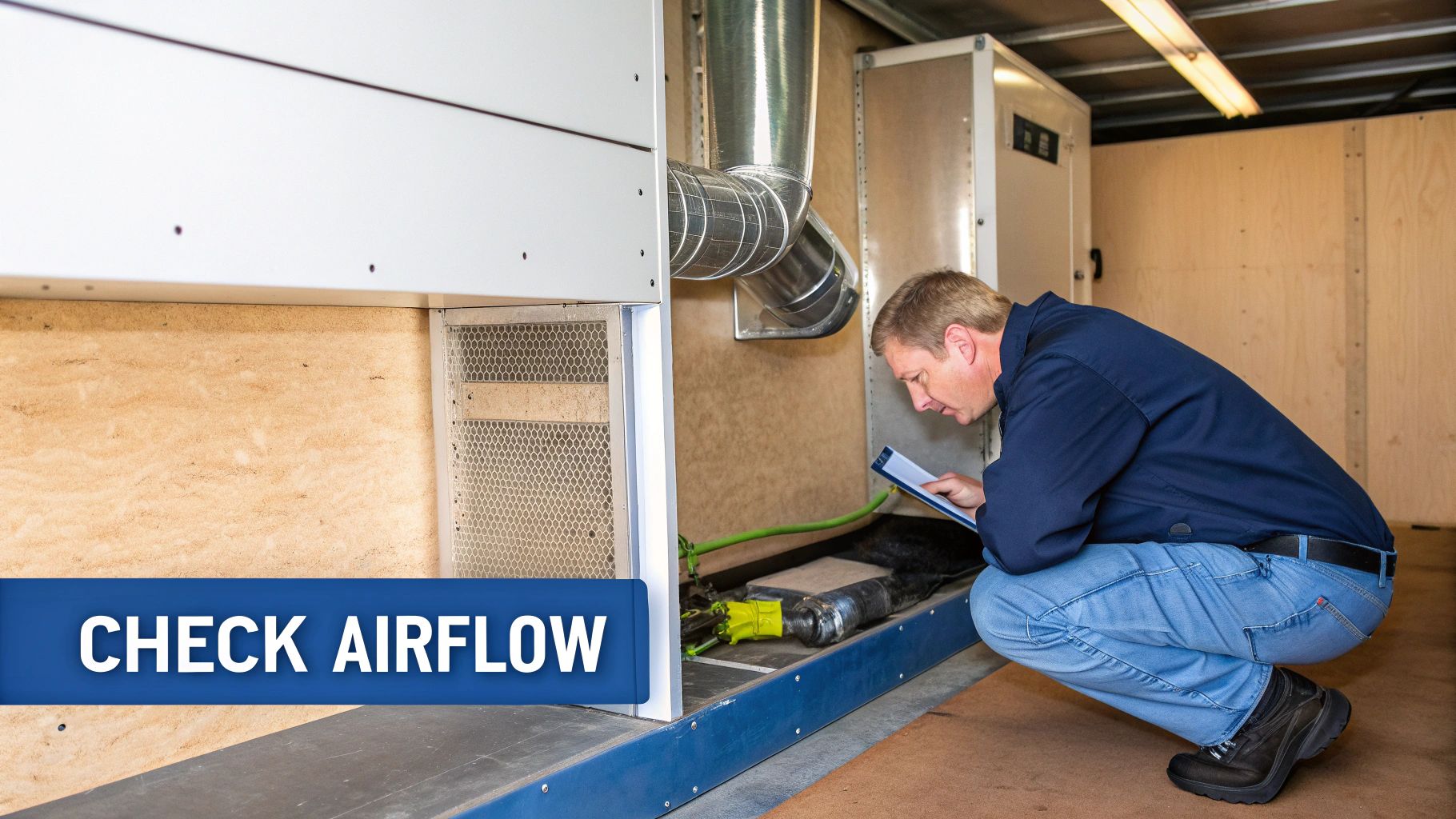 A technician inspects industrial equipment and airflow systems in a service area, holding a clipboard.