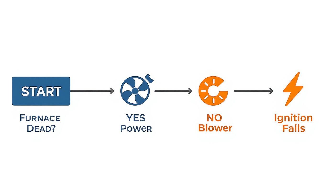 A furnace troubleshooting flowchart showing steps from start, checking power, blower, to ignition failure.