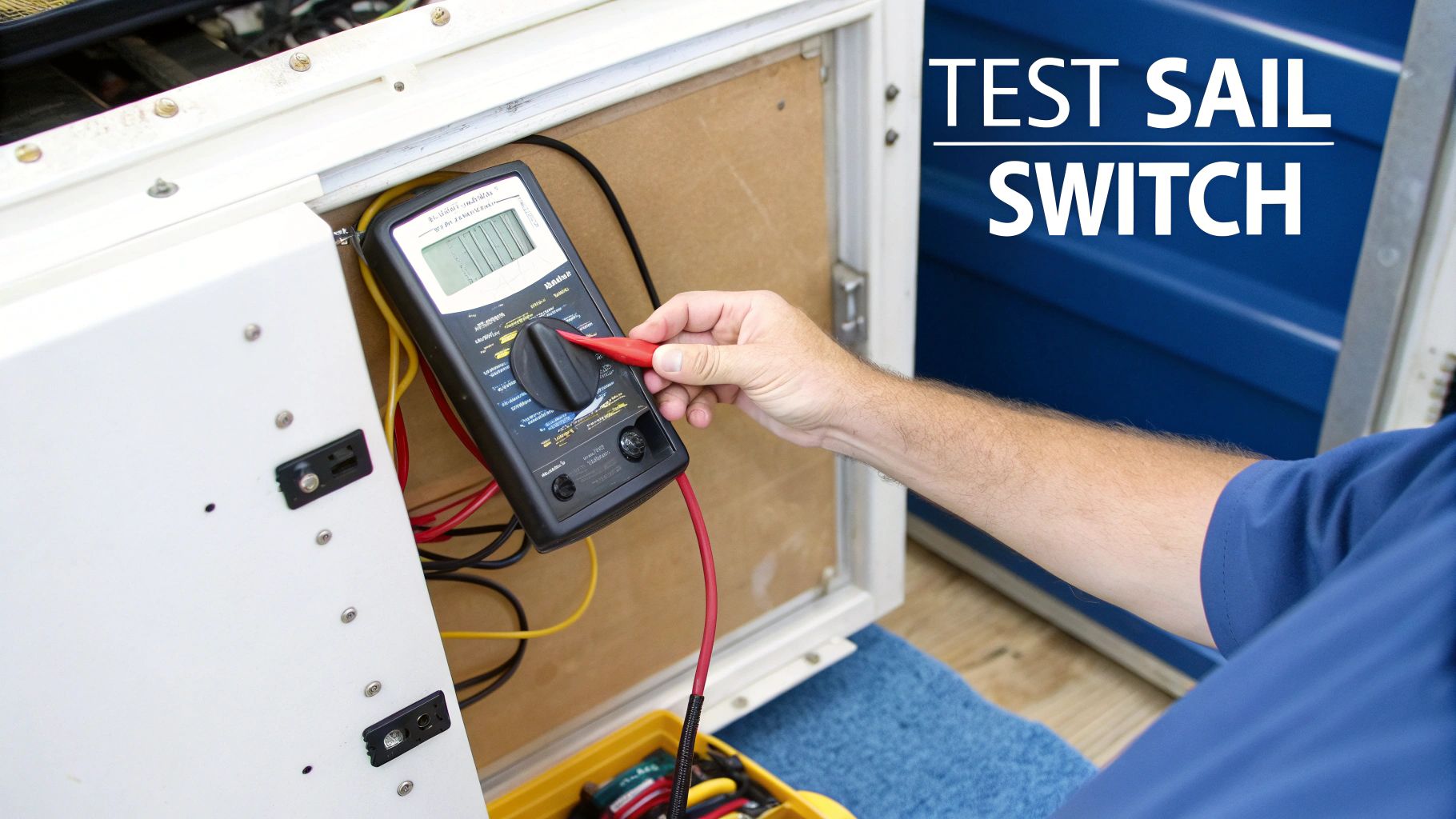 A person's hand operates a multimeter to test an electrical sail switch inside a white panel.