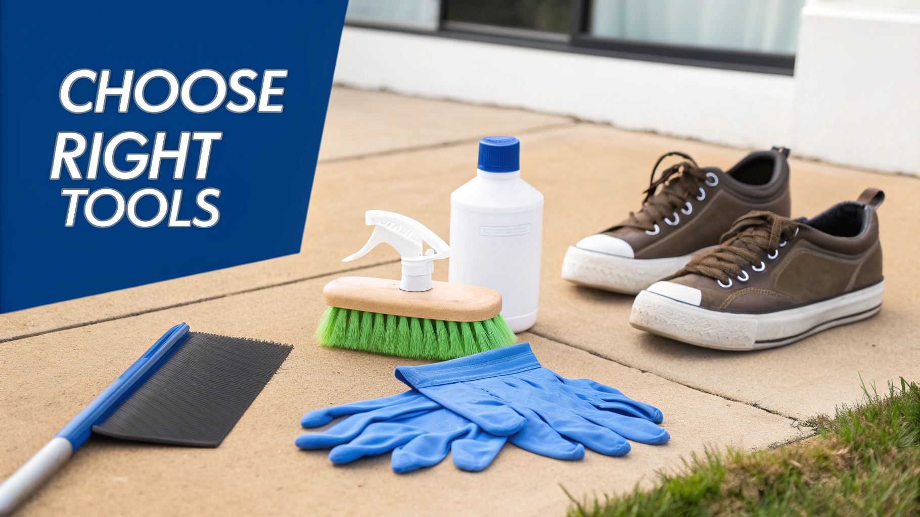 A collection of cleaning tools, including brushes, bottles, gloves, and shoes, with text 'CHOOSE RIGHT TOOLS'.