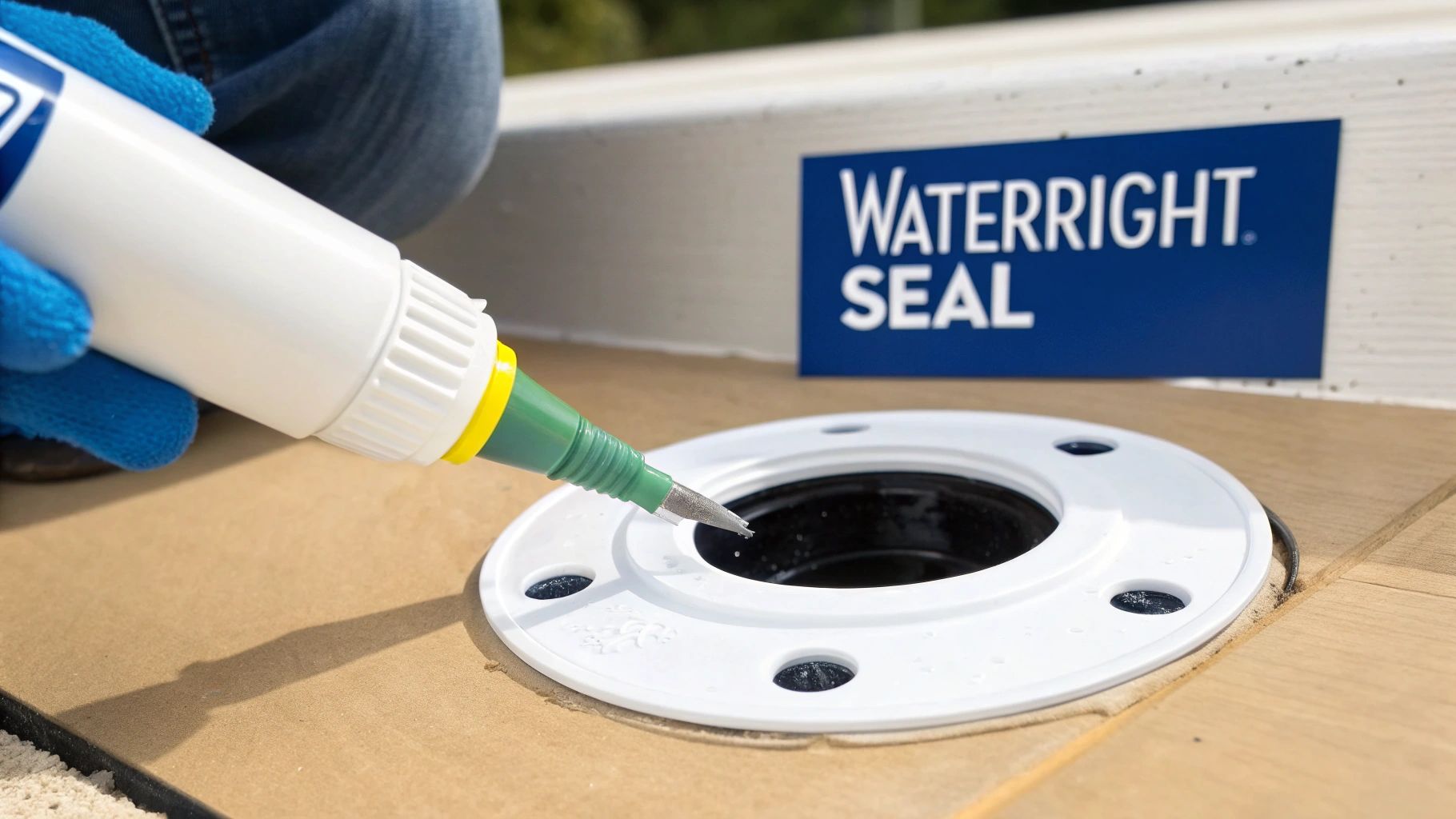 Gloved hand applies sealant to a white drain opening on a floor, with a Waterright Seal sign.