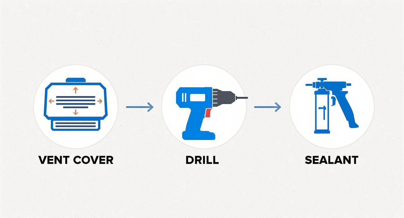 A diagram showing three steps: installing a vent cover, drilling, and applying sealant.