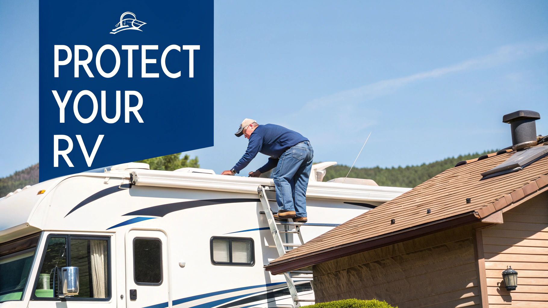 A man on a ladder inspects the roof of a white RV, next to a house under a blue sky.