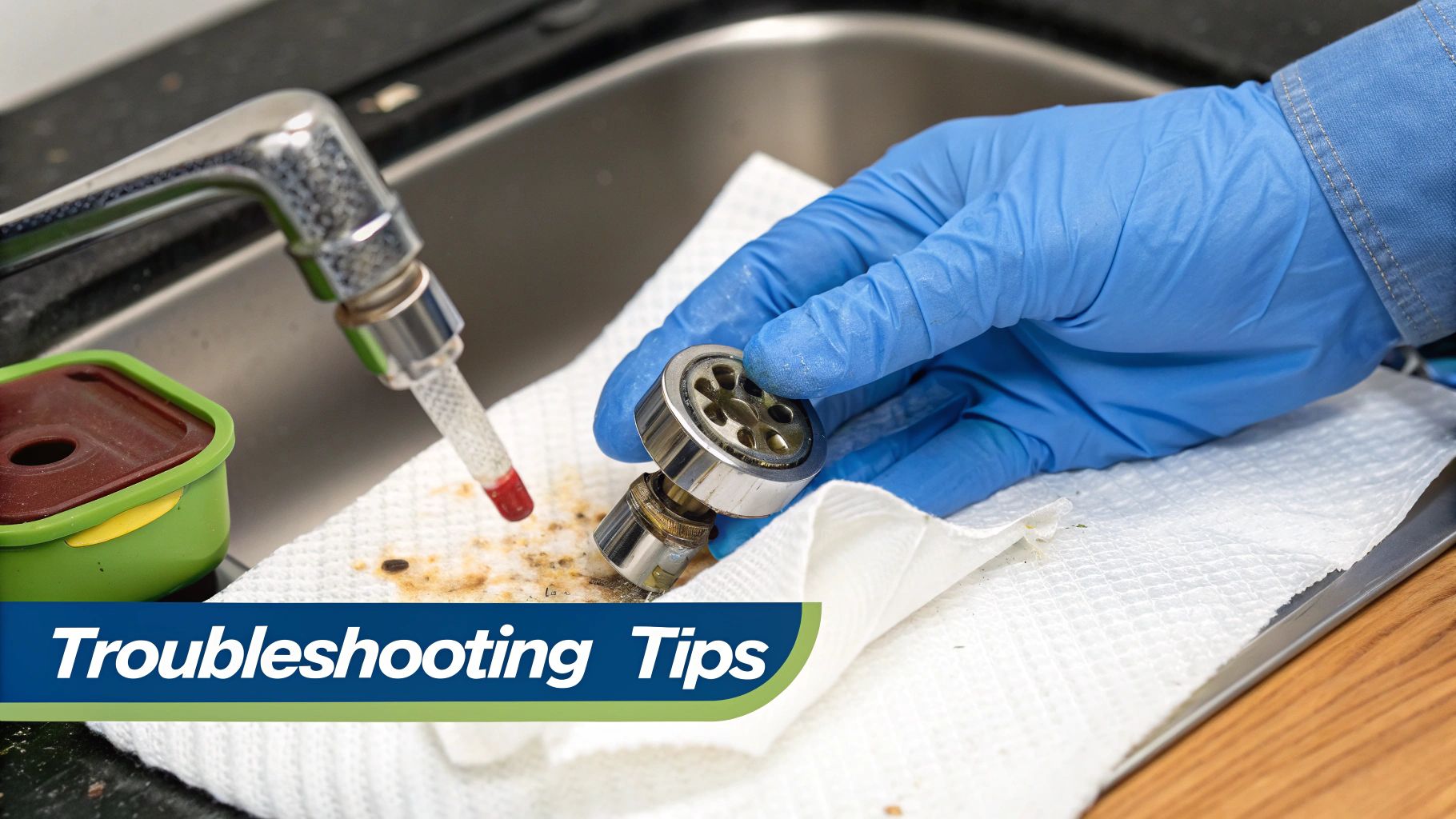 A close-up of a kitchen sink and running faucet in an RV, with a 'Protect Your Water' message.