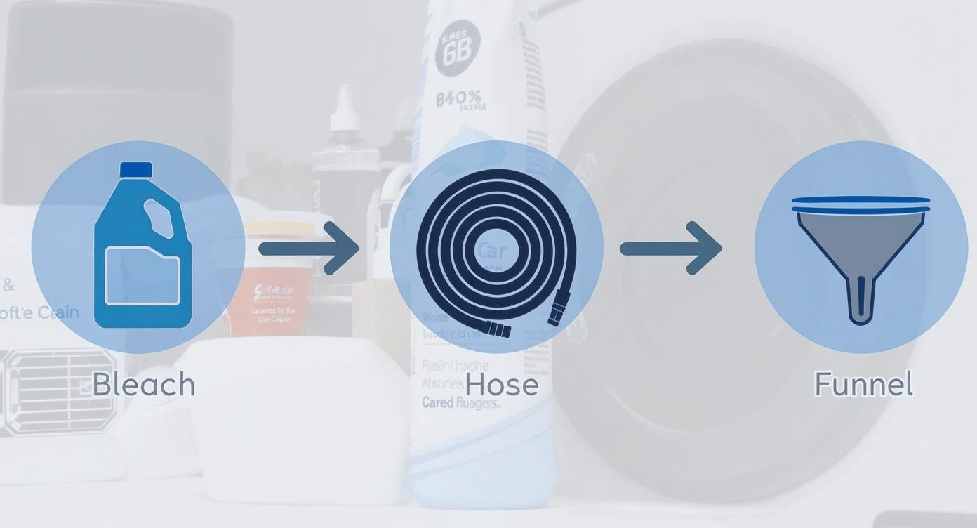 Diagram showing icons for bleach, a coiled hose, and a funnel, representing a sanitizing process.