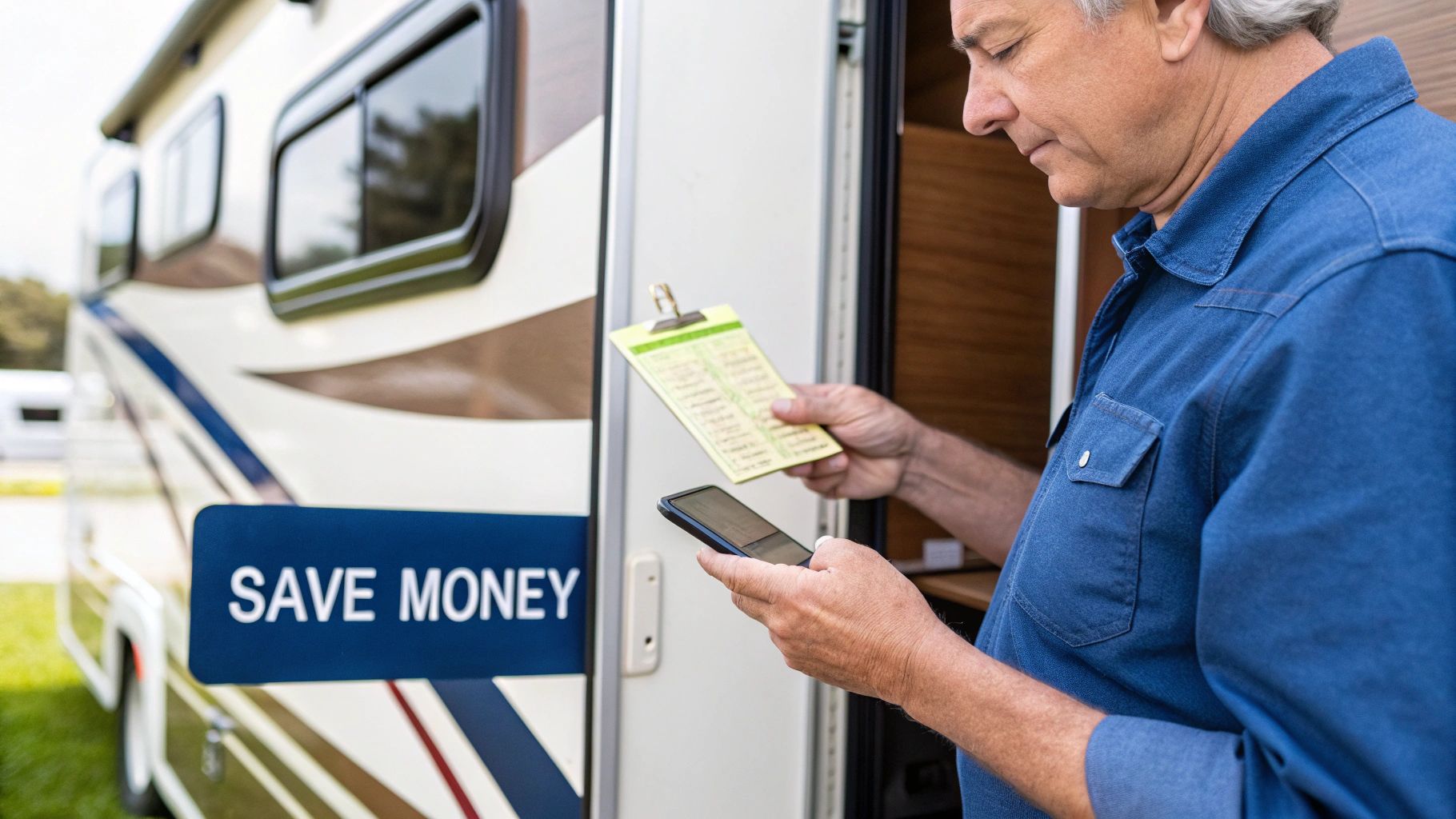 A man checks his phone and a list next to an RV with a prominent “SAVE MONEY” sign.