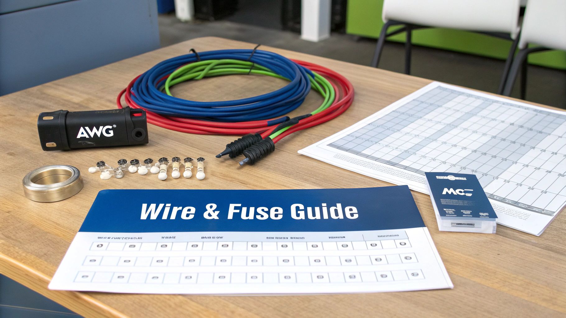 A comprehensive RV solar panel wiring kit, including cables, fuses, and guides, on a wooden table.